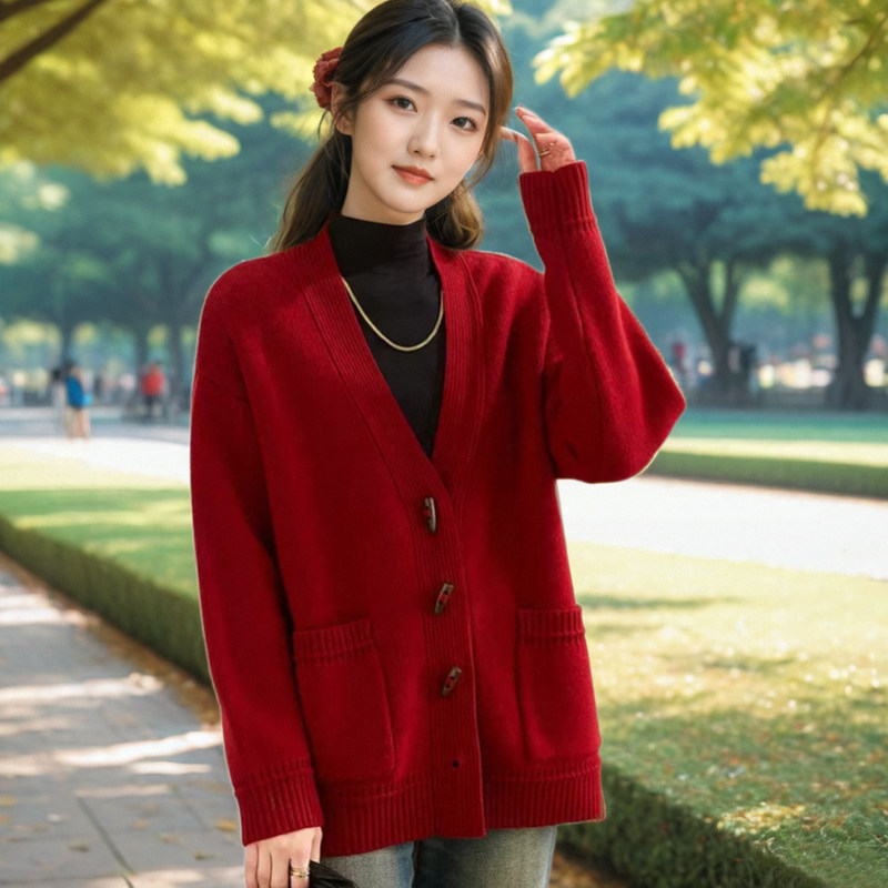 V领羊毛衫毛衣外套女开衫秋冬短