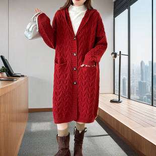 带口袋连帽羊毛衫针织衫外套女开衫长款过膝宽松秋冬加厚粗线毛衣