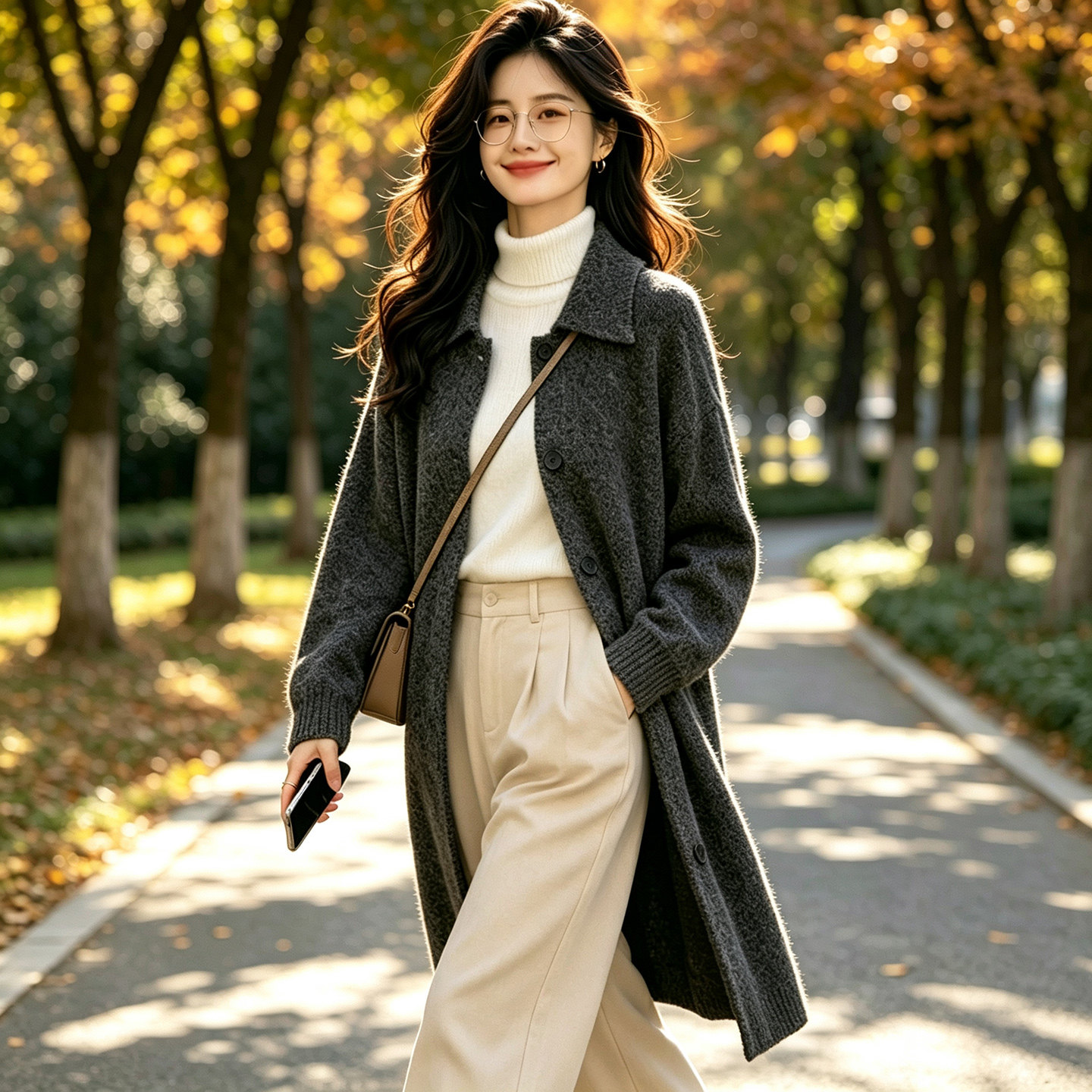 翻领针织外套大衣女长款开衫灰色
