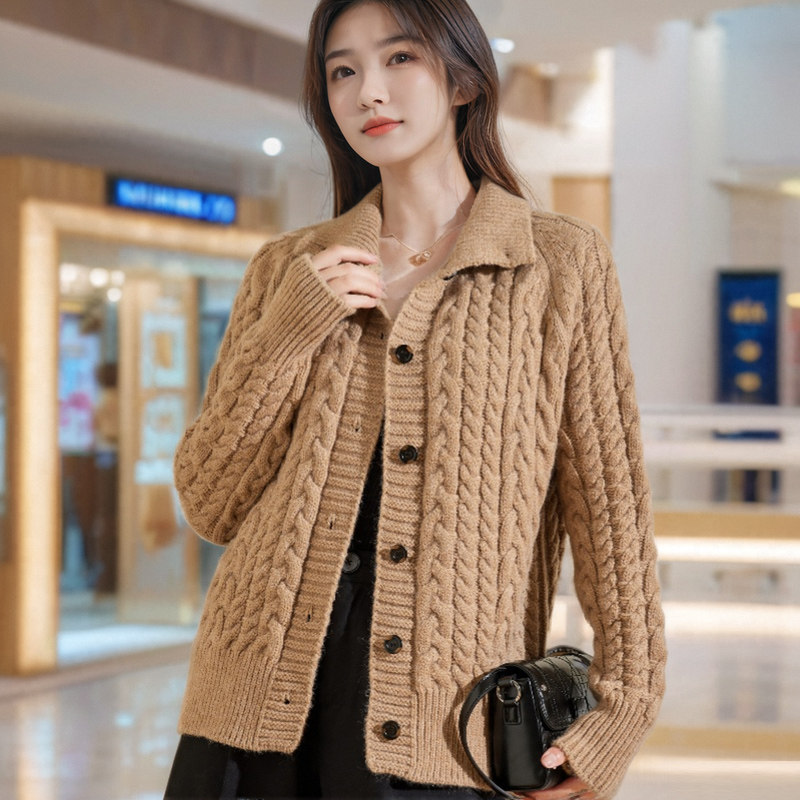 翻领羊毛衫毛衣外套女短款宽松慵懒风大码加厚粗线秋冬季针织开衫