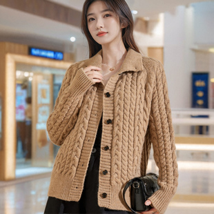 翻领羊毛衫毛衣外套女短款宽松慵懒风大码加厚粗线秋冬季针织开衫