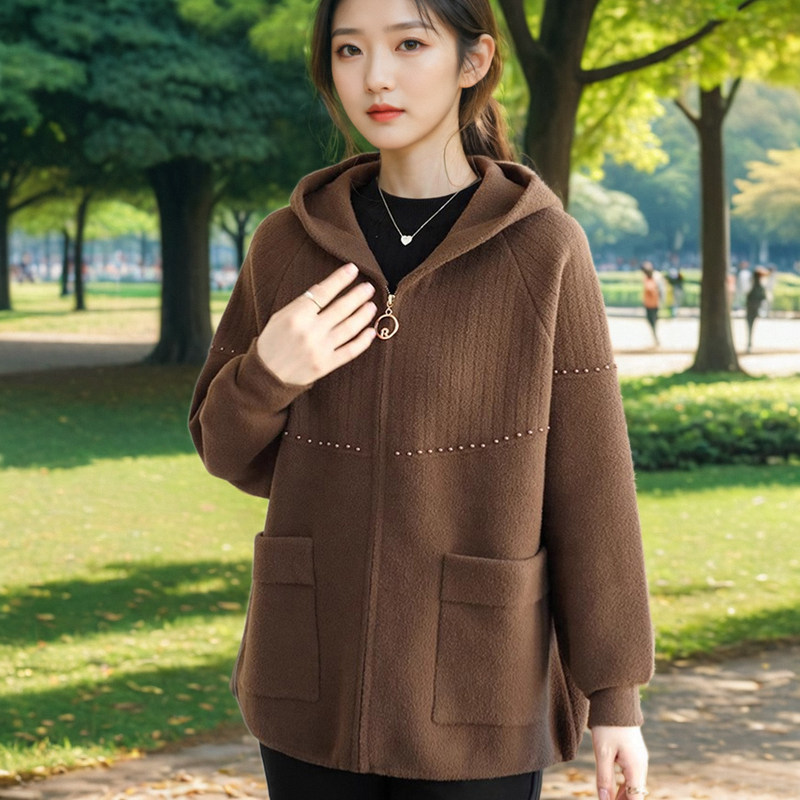 连帽毛呢外套女针织开衫卫衣大码