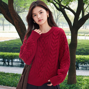 棉线粗线圆领麻花毛衣女套头短款宽松慵懒风秋冬针织衫加厚内搭
