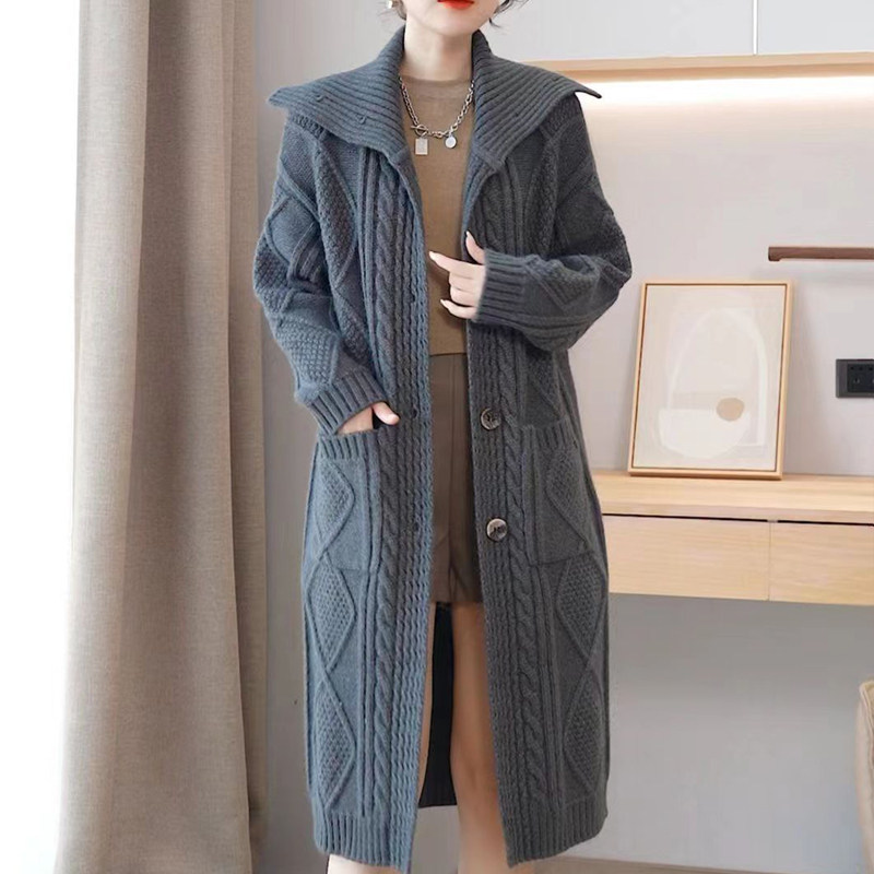 连帽毛衣外套女中长款针织开衫加厚秋冬宽松方领羊毛衫粗线春秋潮