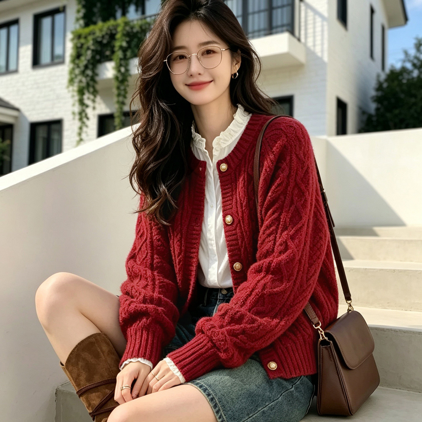 麻花低圆领羊毛衫毛衣外套女短款宽松大码加厚粗线秋冬针织衫开衫