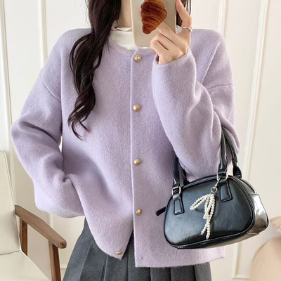 低圆领毛衣外套女羊毛短款小香风