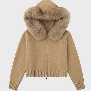 粗线带帽毛领毛衣外套女宽松羊毛外搭针织开衫秋冬小个子2025新款