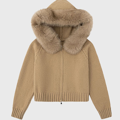 粗线带帽毛领毛衣外套女宽松羊毛外搭针织开衫秋冬小个子2025新款