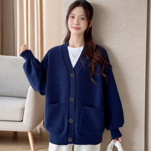 韩国绒V领毛衣外套女短款开衫宽松慵懒风灯笼袖秋冬针织秋冬加厚