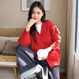 宽松慵懒秋冬针织粗线加厚 短款 v领麻花羊毛衫 毛衣外套女针织开衫