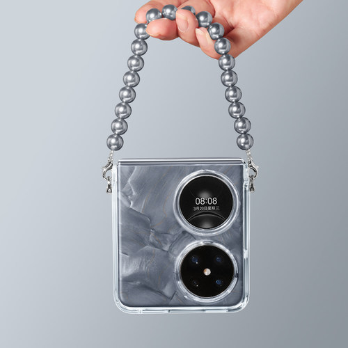 适用华为pocket2手机壳新款折叠屏透明手提腕带斜跨poket2高级全包防摔新品珍珠挂绳大溪地灰pocket2外壳女