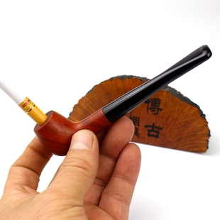博古红檀烟斗型烟嘴超小号直式滤芯循环过滤器实木旱烟卷烟木烟嘴