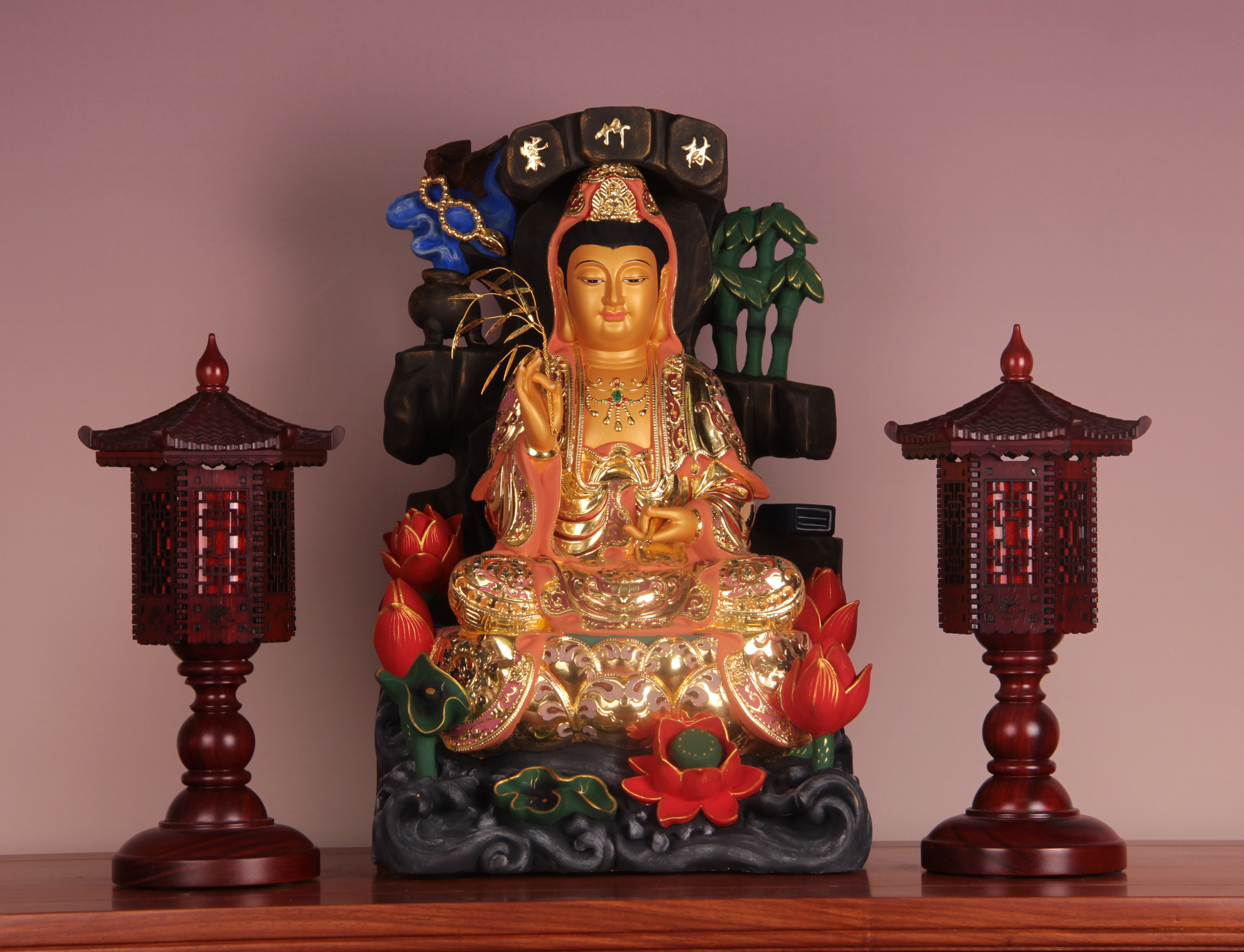 16寸细金紫竹林观音菩萨 观世音佛像香樟木雕大慈大悲观自在神像