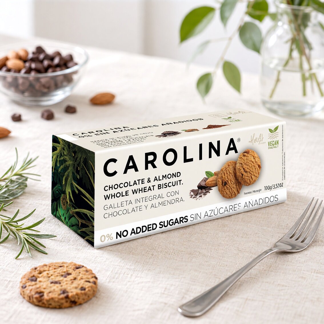 CAROLINA 西班牙无添加糖全麦饼杏仁朱古力100g x1休闲零食盒装版