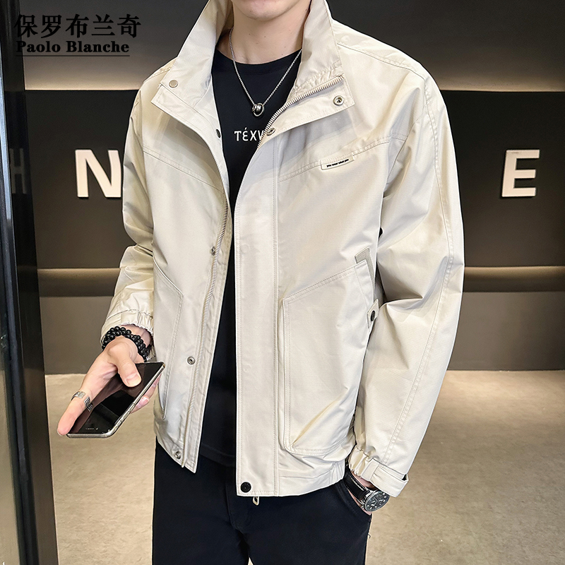保罗男士春秋新款时尚百搭夹克衫宽松大码男装外套休闲立领茄克服