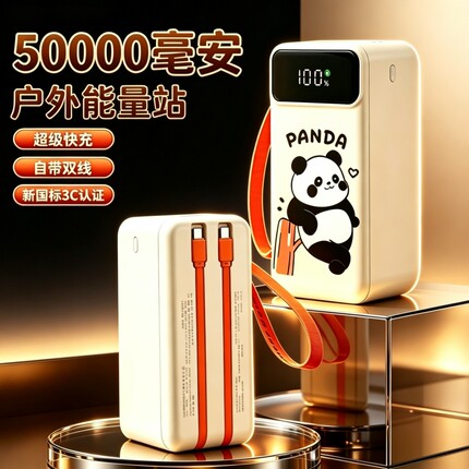 3C认证50000毫安充电宝熊猫卡通移动电源双向快充PD大容量长续航