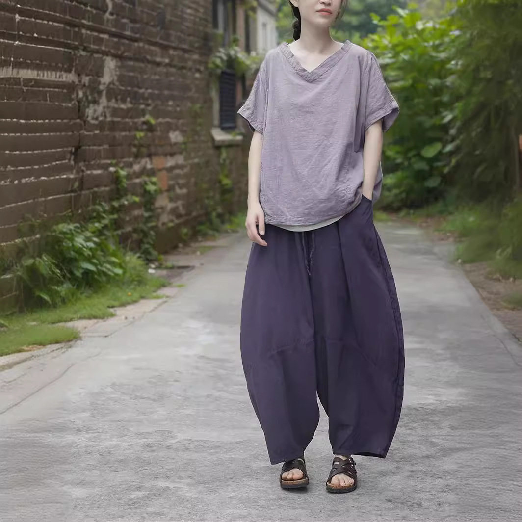 春夏文艺宽松灯笼休闲裤女质朴挺阔棉麻显瘦拼片松紧腰系带阔腿裤