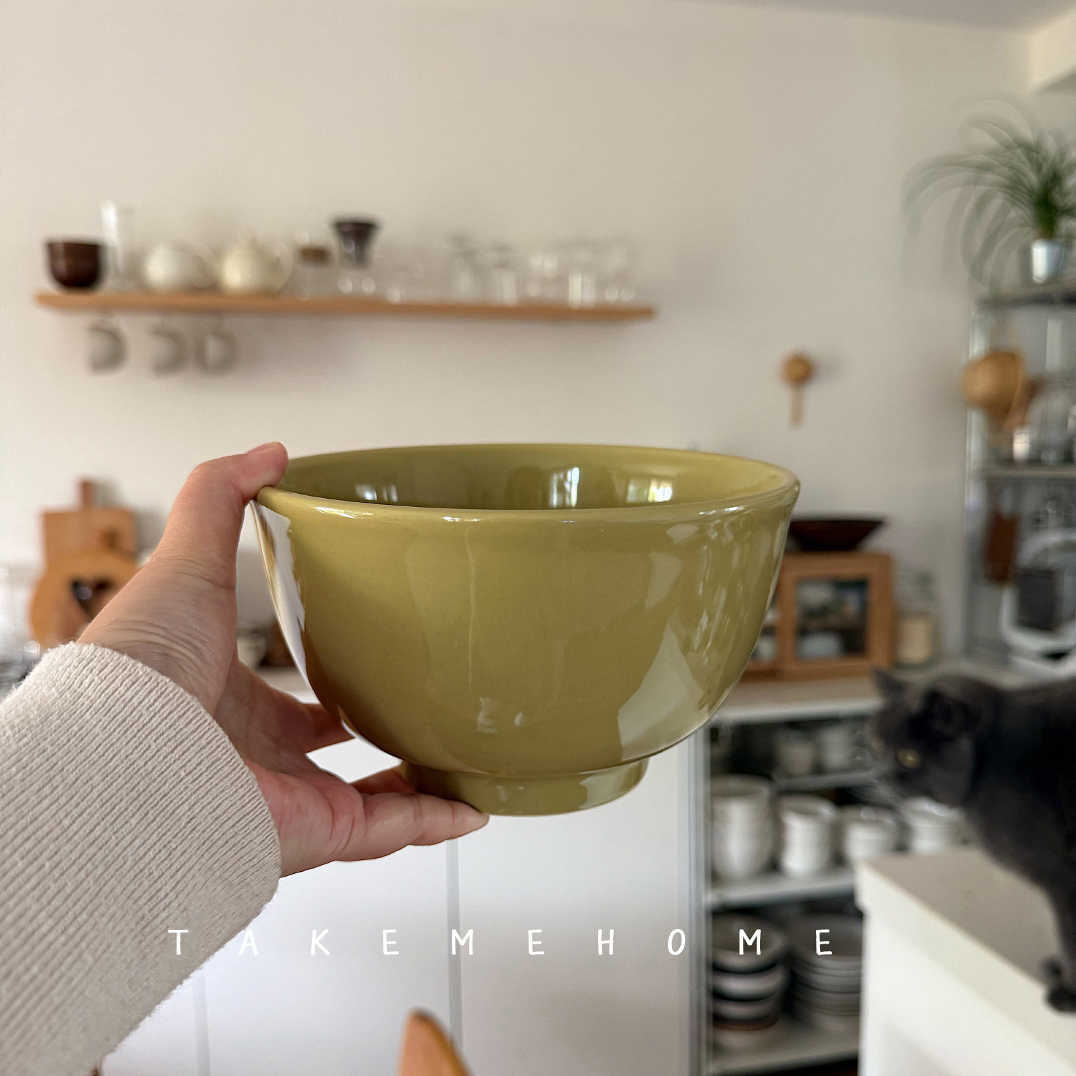 takemehome复古芥末黄高脚面碗大容量陶瓷汤碗家用嗦粉碗沙拉碗