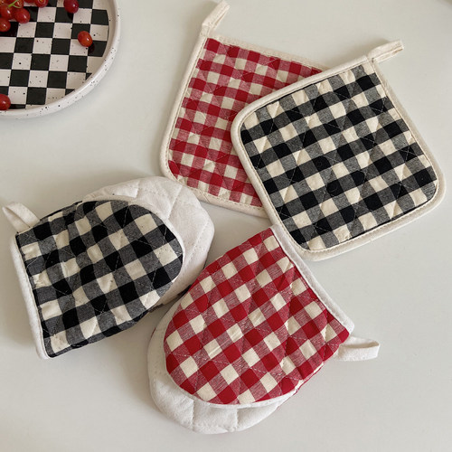 ins韩风可爱格子布艺微波炉手套