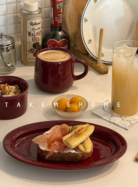 takemehome复古车厘子红陶瓷椭圆盘马克杯 ins风一人食餐具套装