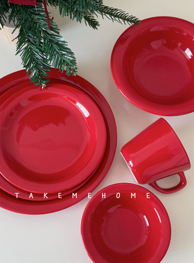 takemehome节日氛围感红色系列餐具漂亮的圣诞盘子碗杯子新年喜庆