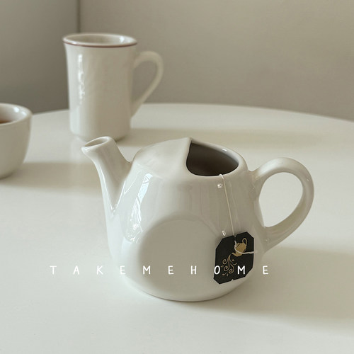 takemehome可爱的乳白色无盖茶壶小茶杯一人饮釉下彩茶具漂亮简约