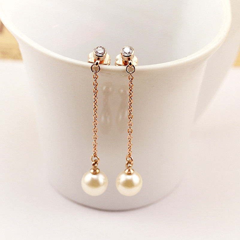 韩版韩国气质时尚闪钻单钻吊珍珠流苏玫瑰金耳钉耳环女耳坠防过敏