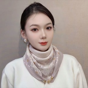 磁吸扣新款棉麻方巾春秋丝巾女气质高级感围巾千鸟格方巾护颈围脖