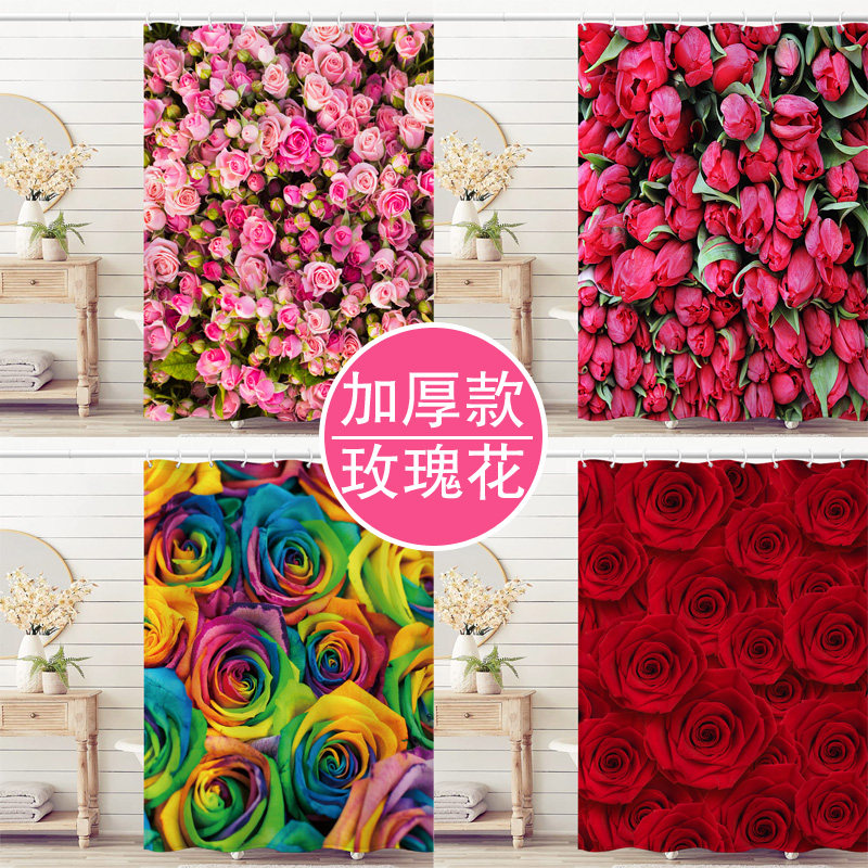 防水加厚浴帘背景画玫瑰花浴室窗帘免打孔卫生间隔断干湿分离隔水