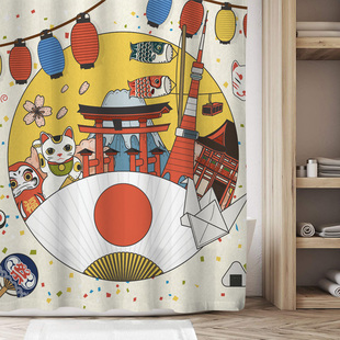 日式招财猫浮世绘浴室帘卫生间淋厕所防水隔断洗澡布神奈川冲浪里