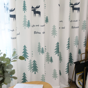 定制棉麻亚麻卧室窗帘布料成品飘窗北欧落地窗纱帘简约现代森林鹿