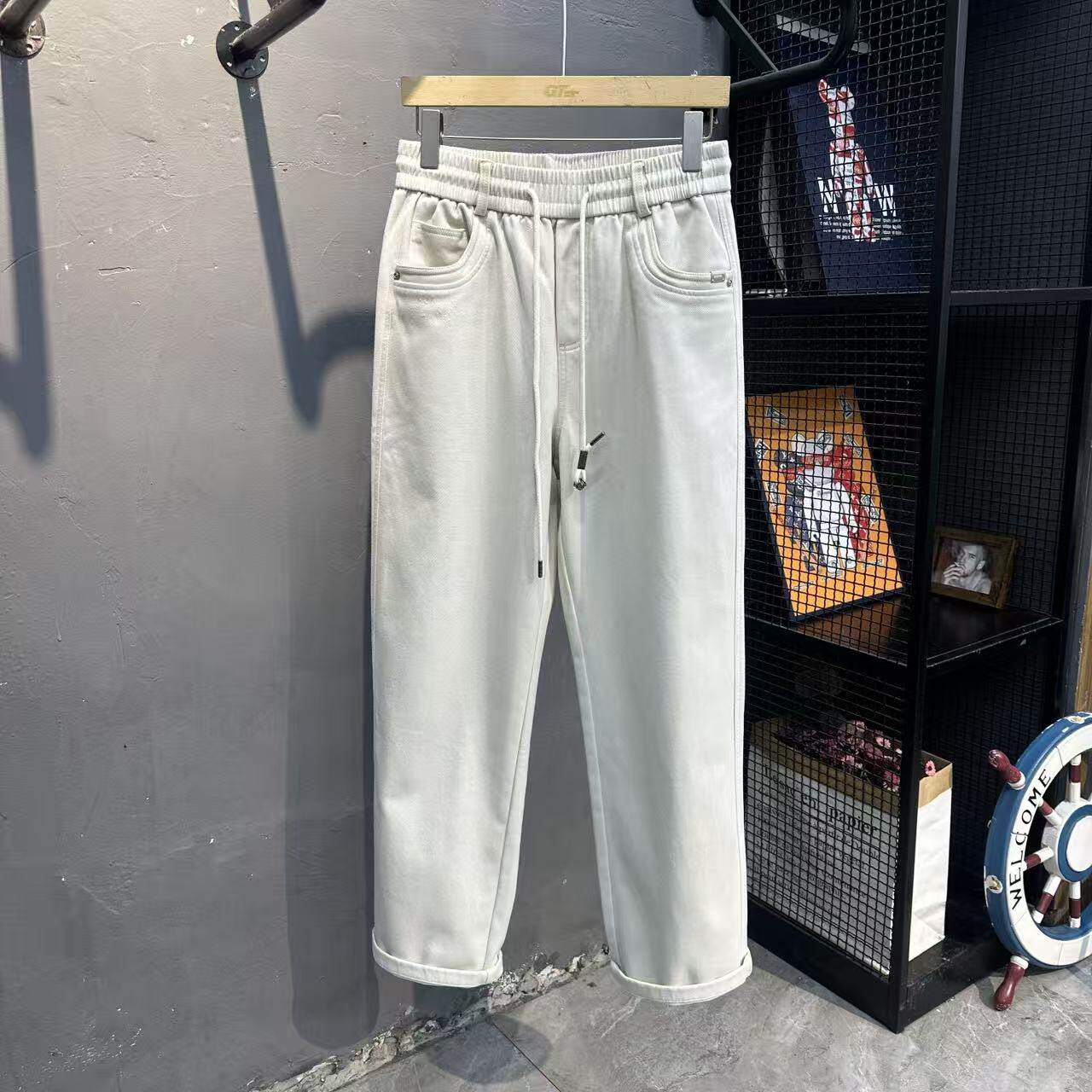 2026春秋新款工装休闲牛仔长裤直筒裤男纯色百搭松紧腰宽松阔腿裤