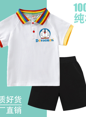 套装男女童短袖彩虹翻领polo衫t恤纯棉洋气夏季白色半袖上衣儿童