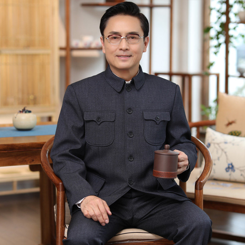 小个子中老年秋冬季160休闲翻领中山装xs休闲民族纽扣款小码套装s