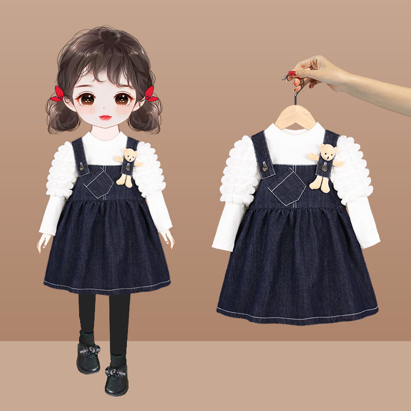 女童连衣裙洋气2024秋冬韩版儿童套装牛仔吊带裙子宝宝裙子两件套