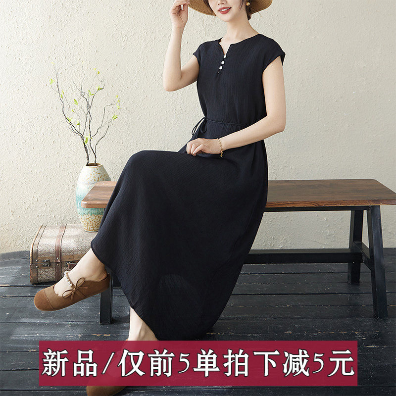 夏季棉麻修身显瘦无袖连衣裙休闲文艺简约气质长裙女收腰腰带薄款