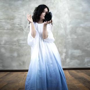 宽松大码 新款 袍子渐变连衣裙轻薄苎麻双层大摆 百搭夏季 有内衬薄款