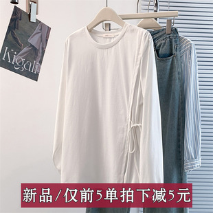白色春夏新款设计感简约百搭上衣别致系带长袖圆领T恤不规则女潮