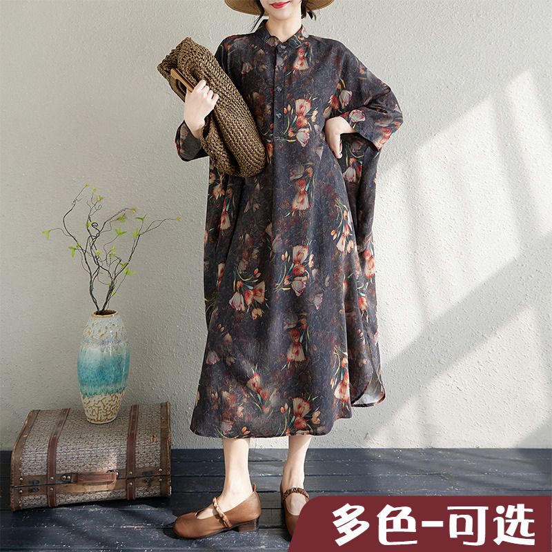 捡漏折扣加肥加大 文艺复古棉麻印花立领宽松超长大码度假连衣裙