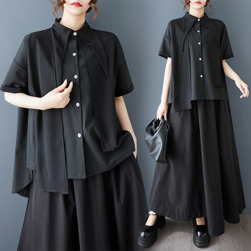 外贸出口夏装新款暗黑山本风宽松衬衫时尚百搭显瘦短袖上衣