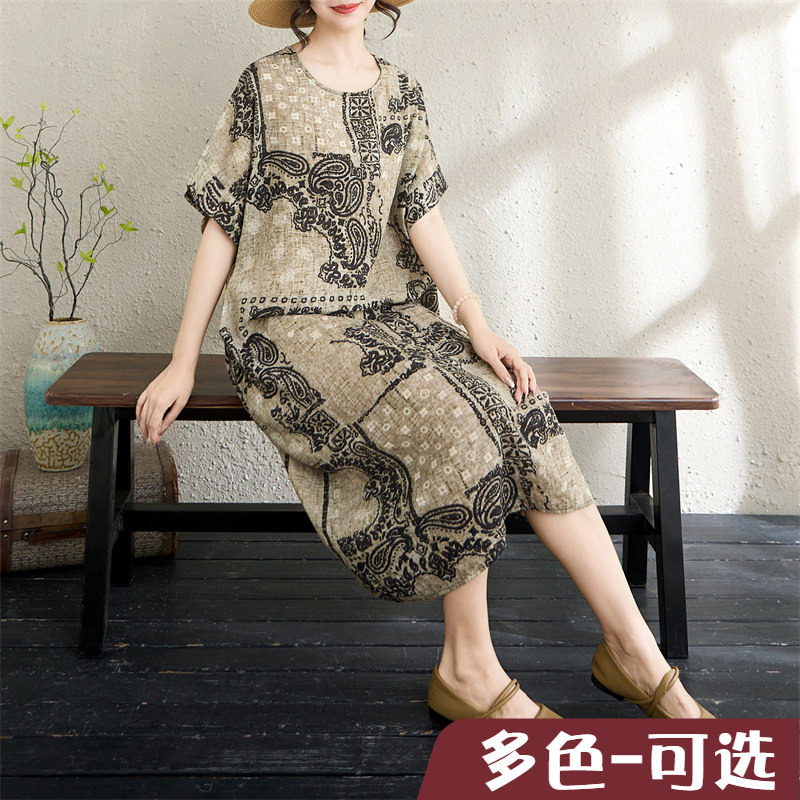 外贸折扣薄款夏季新款薄棉麻花文艺女气质过膝中长款短袖连衣裙女