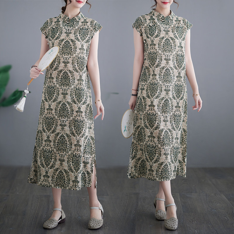 折扣夏季新款立领偏襟棉麻印花复古改良旗袍长连衣裙中长款好质量,女装/女士精品,连衣裙,淘宝优惠券,粉丝福利购,淘宝优惠卷