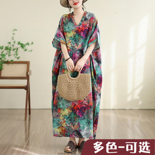 夏季仿天丝印花花色度假风旅游V领复古长裙遮肉棉麻连衣裙加大码