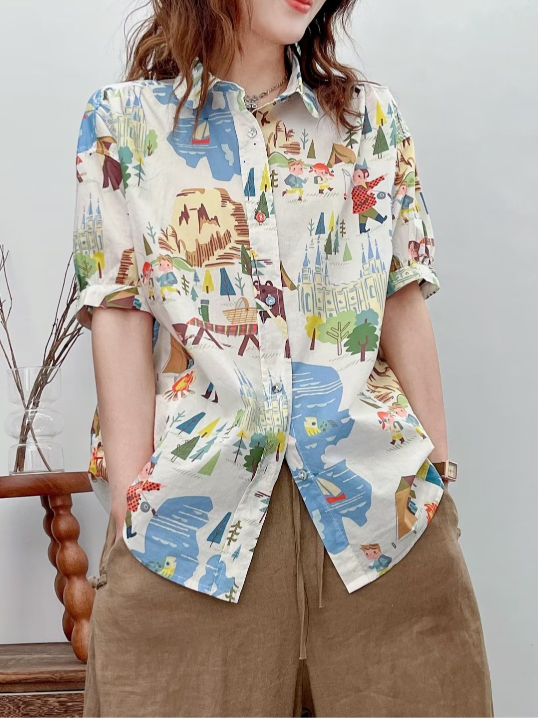 夏装新款女韩版宽松时尚印花衬衫单排扣百搭休闲时髦上衣短袖衬衣