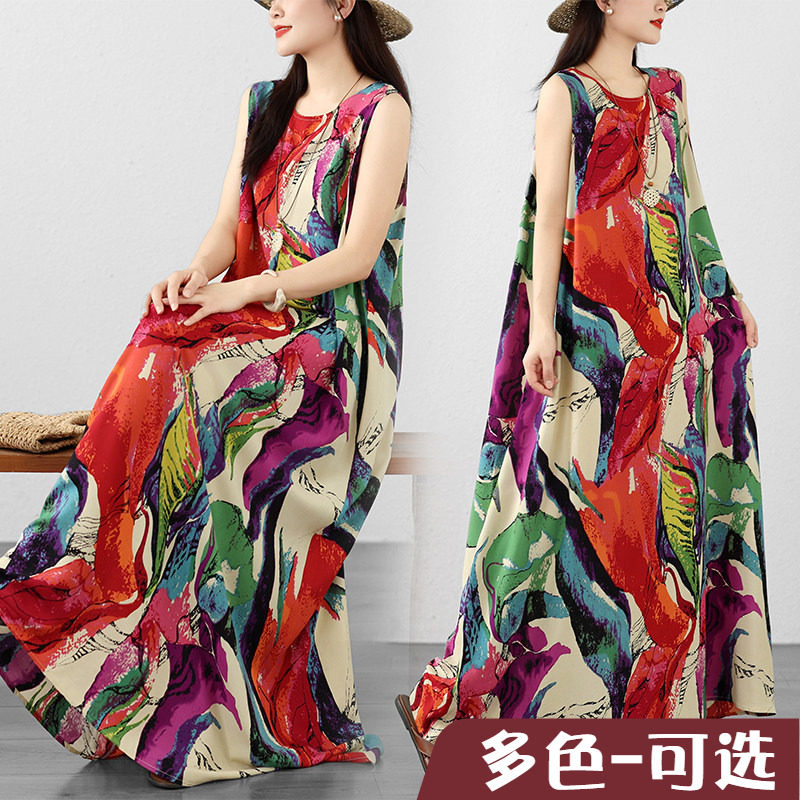 夏圆领薄垂感人棉文艺度假风大摆裙无袖沙滩背心连衣裙女长裙子
