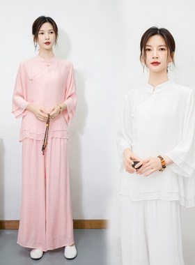 新款民族风禅意打坐练功服两件套国风茶服瑜伽服女中国风白色套装
