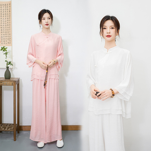 新款民族风禅意打坐练功服两件套国风茶服瑜伽服女中国风白色套装