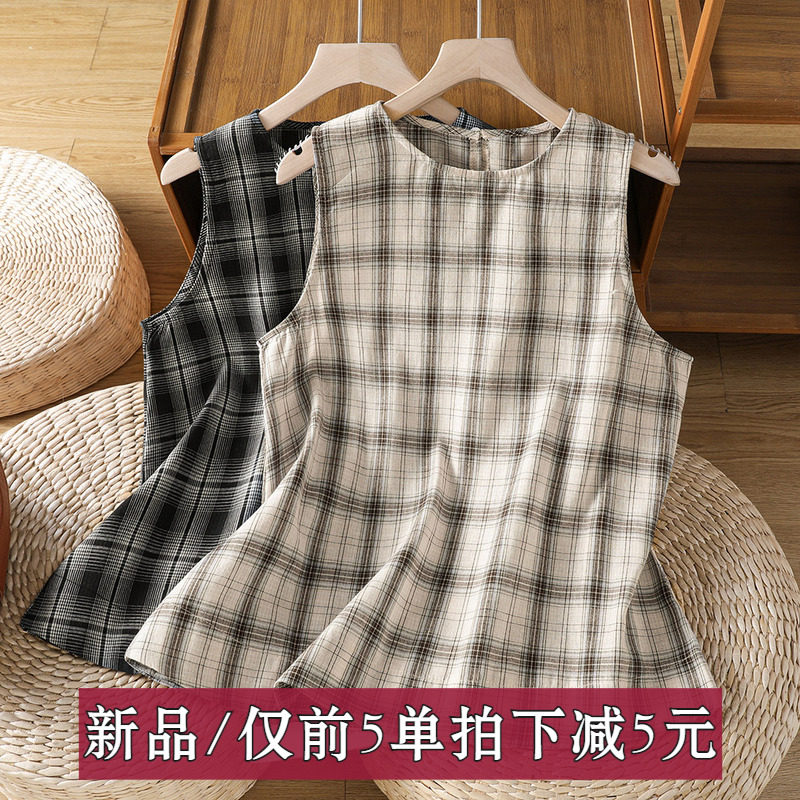吊带背心女夏季泰式独特格子宽松外穿艺术生短款无袖小上衣T恤衫
