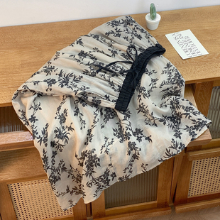 高腰宽松棉麻中长裙子 新款 有内衬 复古棉麻印花半身裙女士夏季