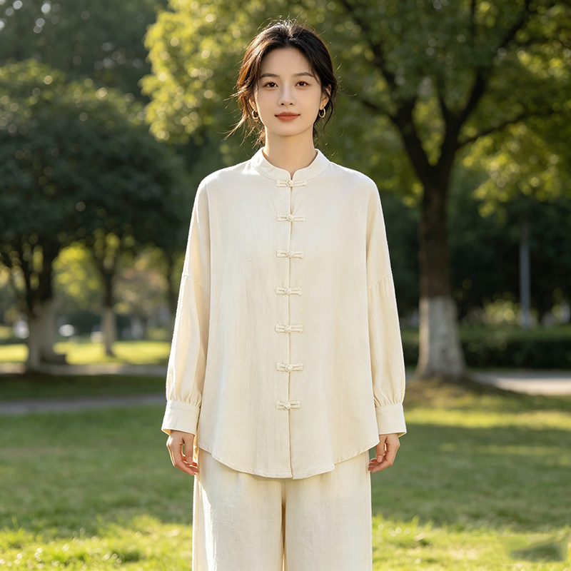中式蝙蝠衫棉麻外套宽松衬衫国风中长款上衣民族风唐装女纯色薄款